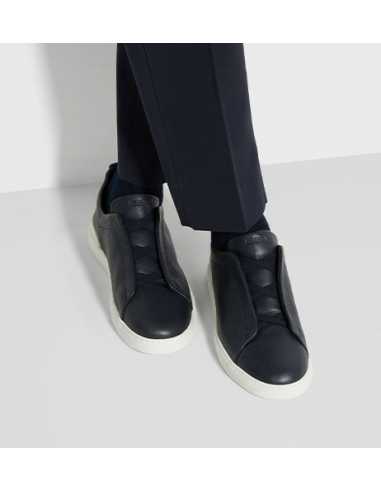 Baskets Baskets Triple Stitch™ En Cuir De Cerf Bleu Marine Zegna Homme | Toulouse Soulery portées de face