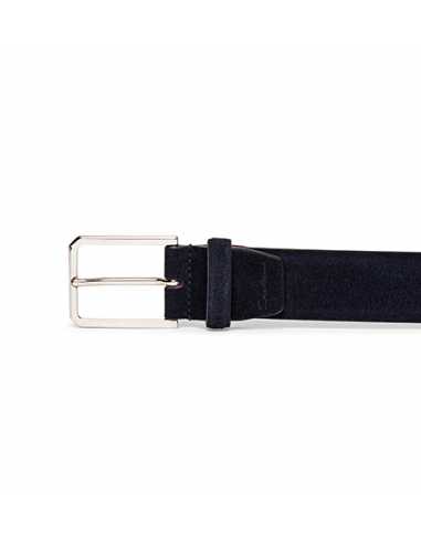 Ceinture Ajustable En Daim Bleue Santoni Homme présentée de face zoom sur la boucle | Soulery Toulouse