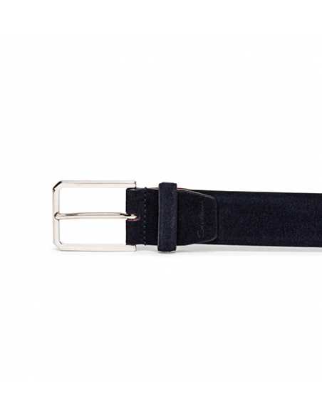Ceinture Ajustable En Daim Bleue Santoni Homme présentée de face zoom sur la boucle | Soulery Toulouse