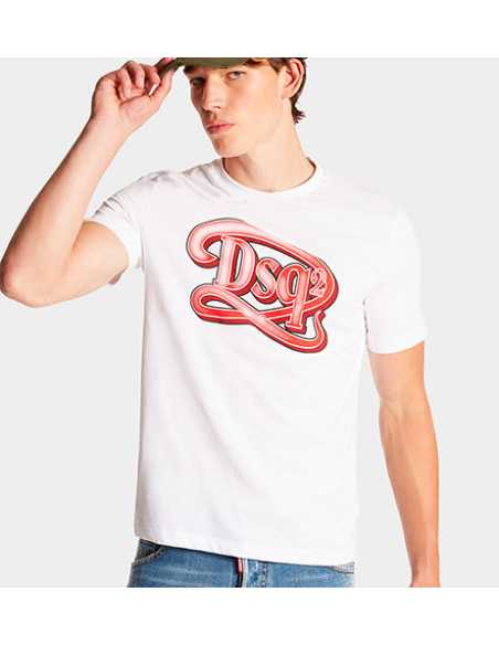 T-shirt DSQ2 Regular Fit Blanc et Rouge Dsquared2 Homme présenté porté de face | Toulouse Soulery