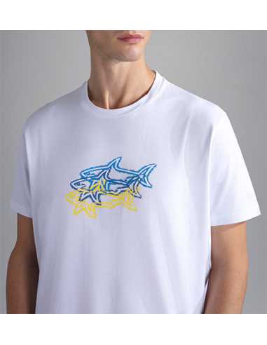 T-shirt À Imprimé Shark Multicolore Blanc Paul & Shark Homme présenté porté zoom de face | Toulouse Soulery