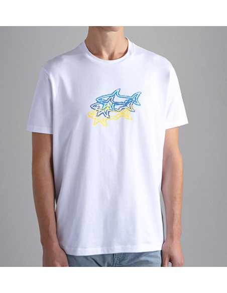 T-shirt À Imprimé Shark Multicolore Blanc Paul & Shark Homme présenté porté de face | Toulouse Soulery