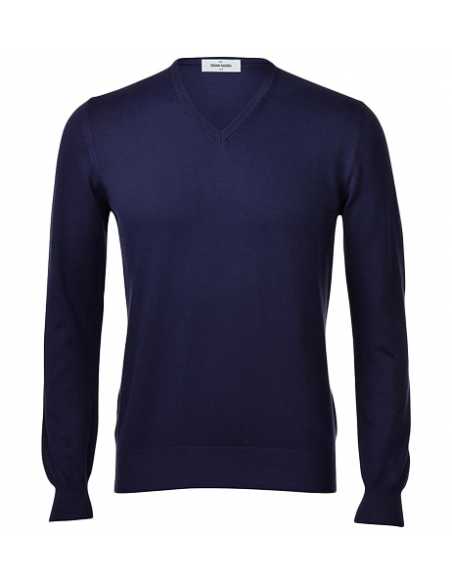 Pull V Neck En Coton Bleu Marine Gran Sasso Homme présenté de face | Toulouse Soulery