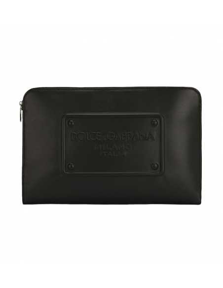 Grande Pochette En Cuir De Veau À Logo En Relief Noire Dolce & Gabbana présentée de face | Toulouse Soulery