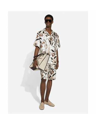 Chemise Hawaïenne En Soie Beige Imprimé Tulipes D&G présentée portée | Toulouse Soulery