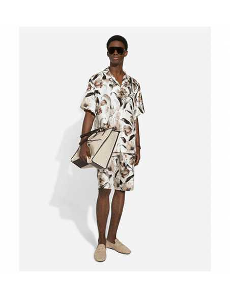 Chemise Hawaïenne En Soie Beige Imprimé Tulipes D&G présentée portée | Toulouse Soulery