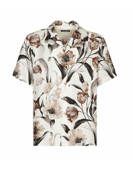 Chemise Hawaïenne En Soie Beige Imprimé Tulipes D&G présentée de face | Toulouse Soulery