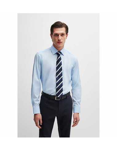 Cravate En Soie Mélangée À Motif Jacquard Bleu Foncé Boss présentée portée de face | Toulouse Soulery Cravate En Soie Mélangée À Motif Jacquard Bleu Foncé Boss présentée portée de face | Toulouse Soulery