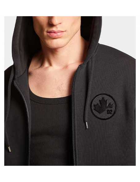 Sweat À Capuche Zippé Cool Maple Leaf Noir Dsquared2 présenté porté de face | Toulouse Soulery