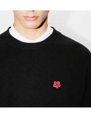 Pull Brodé 'Boke Flower' En Laine Noir Kenzo Homme zoom détails logo| Toulouse Soulery