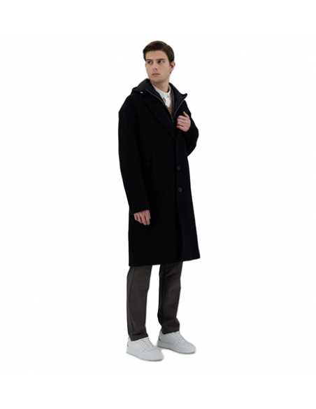 Manteau En New Velour Et Ecoage Noir Herno Homme, porté de face | Toulouse Soulery