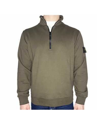 Sweat-shirt En Molleton De Coton Vert Militaire Stone Island, présenté de face ｜Soulery