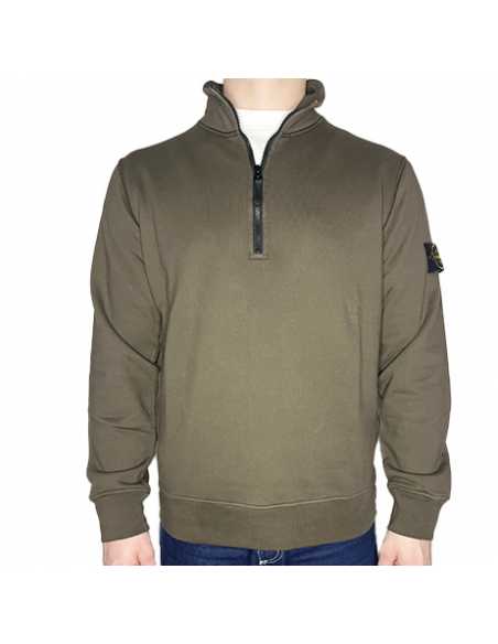 Sweat-shirt En Molleton De Coton Vert Militaire Stone Island, présenté de face ｜Soulery