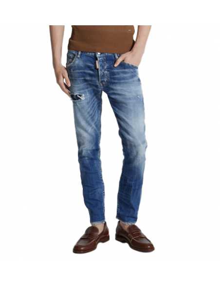 Jean Slim Skater Délavé À Petits Trous Bleu Dsquared2 Homme, présenté porté de face| Soulery Toulouse