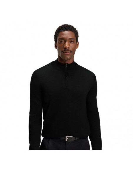 Pull En Laine Vierge À Encolure Zippée Noir Boss, présenté porté de face｜Soulery Toulouse