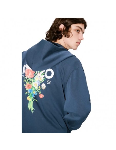 Sweatshirt à Capuche Zippé Coton Bleu Nuit Kenzo, présenté porté de dos｜Magasin Homme Toulouse