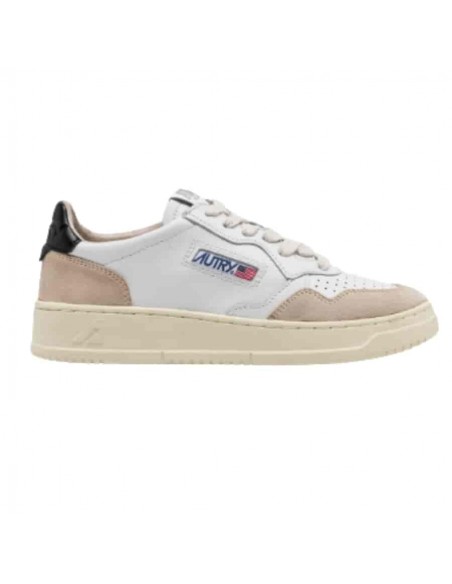 Sneakers Medalist Low En Cuir Blanc Et Noir Et Daim Beige Autry présenté de profil｜Boutique Homme Toulouse