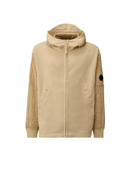 Sweat-shirt À Capuche Zippé En Molleton À Relief Diagonal Beige C.p. Company présenté de face｜Boutique Homme Toulouse