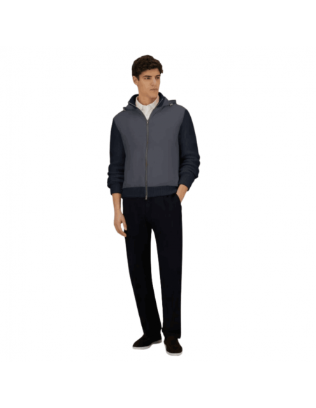 Cardigan Resort En Cob Carded Wool Jauge 5 Et Travel Nylon Ponente Navy Herno présenté porté de face｜Boutique Homme Toulouse