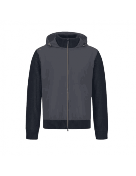 Cardigan Resort En Cob Carded Wool Jauge 5 Et Travel Nylon Ponente Navy Herno présenté de face｜Boutique Homme Toulouse