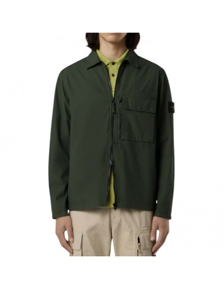 Surchemise Coton Tissage Canvas Vert Juniper Homme Stone Island présentée portée de face｜Magasin Homme Toulouse