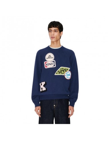 Pull brodé 'KENZO Badges' en laine et coton Bleu Marine Homme Kenzo présenté porté de face｜Boutique Homme Toulouse