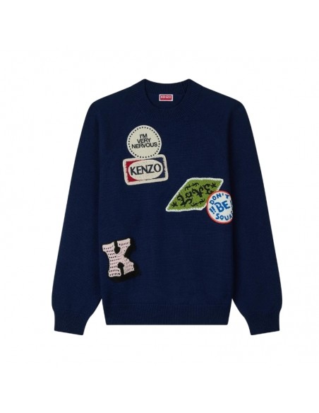 Pull brodé 'KENZO Badges' en laine et coton Bleu Marine Homme Kenzo présenté de face｜Boutique Homme Toulouse