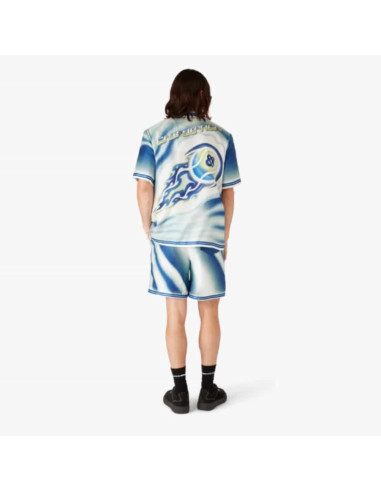 Chemise à manches courtes en soie The Art Of The Serve Bleue Homme Casablanca présentée portée de dos｜Boutique Homme Toulouse
