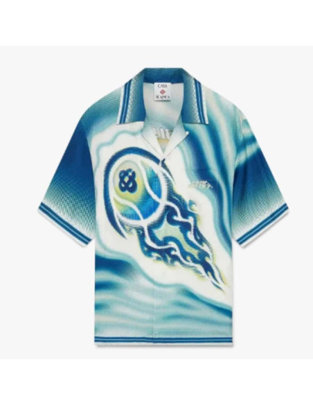 Chemise à manches courtes en soie The Art Of The Serve Bleue Homme Casablanca présentée de face｜Boutique Homme Toulouse