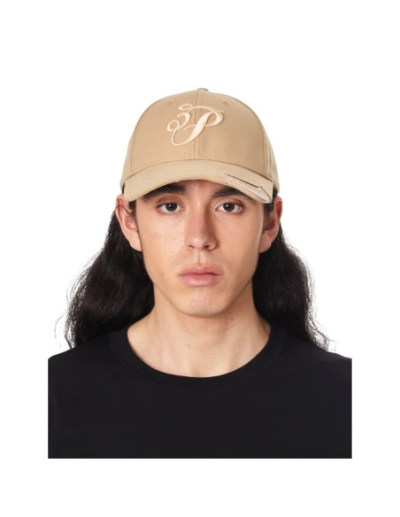 Casquette 3P Cursive Logo Beige Homme présentée portée de face｜Magasin Homme Toulouse