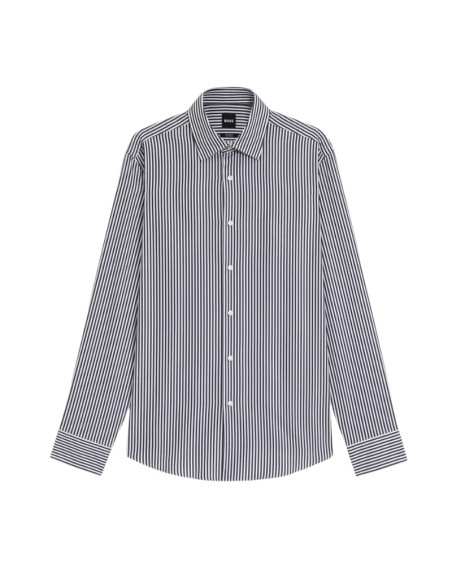 Chemise Regular En Coton À Rayures Bleu Homme BOSS présentée de face｜Magasin Homme Toulouse