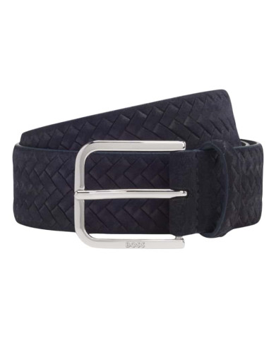 Ceinture En Cuir Suédé Tressé Bleu Foncé Homme Boss présenté de face｜Boutique Homme Toulouse