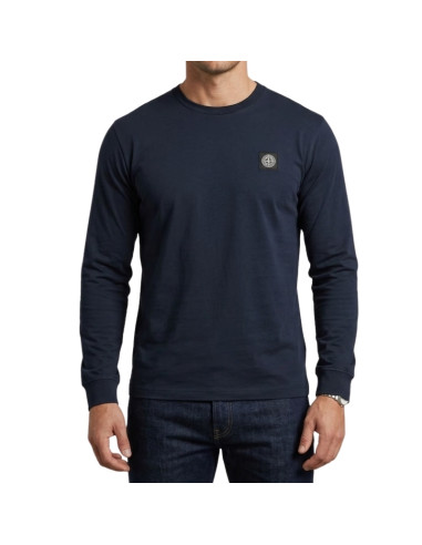 T-Shirt Manches Longues Jersey Coton 60/2 Navy Homme Stone Island présenté porté de face｜Boutique Homme Toulouse