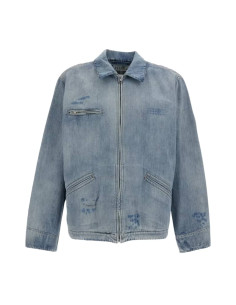 Veste Droite Usée Coton Denim Bleu Clair Homme MM6 présentée portée de face｜Magasin Homme Toulouse