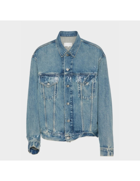 Veste en denim Taped Bleu Clair Homme Margiela présentée de face｜Magasin Homme Toulouse