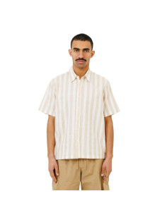 La Chemise "Seseh" Icon Stripe Late Beige & Blanc Homme Last Call For présentée portée de face｜Magasin Homme Toulouse