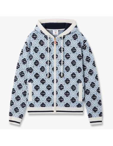 Sweat À Capuche Zippé En Mérinos À Monogramme Bleu Homme Casablanca présenté de face｜Boutique Homme Toulouse