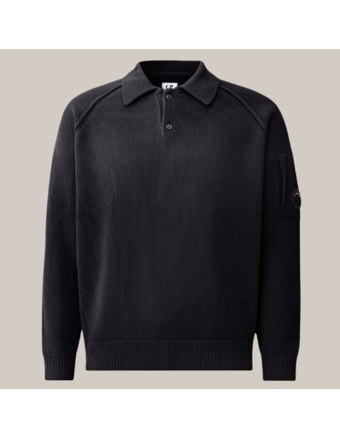 Polo Chenille Cotton Lens Sweater Bleu Homme C.P. Company présenté de face｜Boutique Homme Toulouse