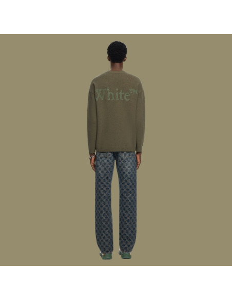 Pull Bookish En Maille À Col Rond Kaki Homme présenté porté de dos｜Magasin Homme Toulouse