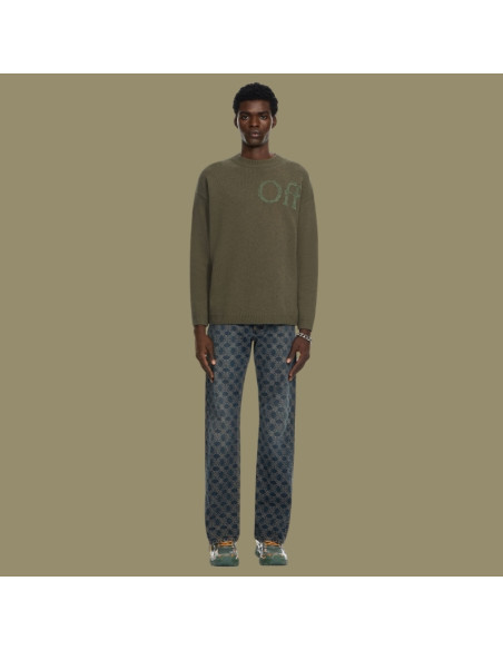 Pull Bookish En Maille À Col Rond Kaki Homme présenté porté de face｜Magasin Homme Toulouse