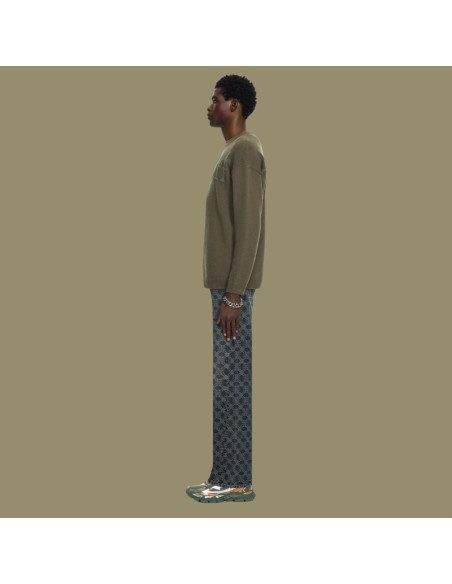 Pull Bookish En Maille À Col Rond Kaki Homme présenté porté de profil｜Magasin Homme Toulouse