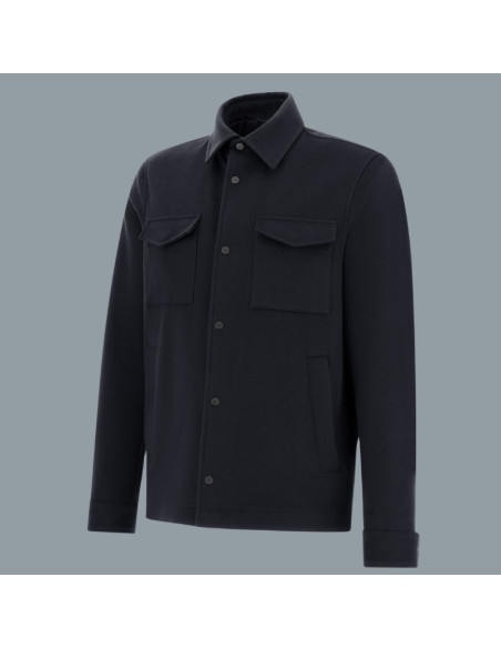 Surchemise Laine Cachemire Bleu Marine Herno présentée de profil｜Magasin Homme Toulouse