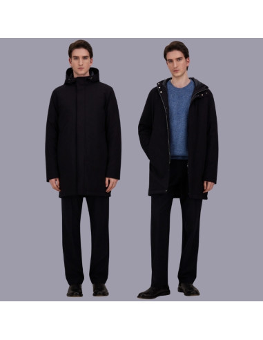 Parka Imperméable à Capuche Bleu Homme Herno présentée portée de face ouverte et fermée|Magasin Homme Toulouse Parka Imperméable à Capuche Bleu Homme Herno présentée portée de face ouverte et fermée|Magasin Homme Toulouse