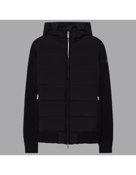 New Amos Hybrid Duck Hood Zip Soft Knit Noire RRD présentée de face｜Magasin Homme Toulouse